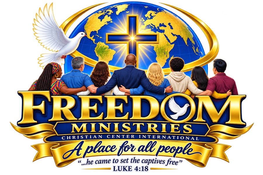 Freedom Ministries Christian Center International emblem: a cross and globe, with the tagline "A place for all people" and the verse "...he came to set the captives free," Luke 4:18